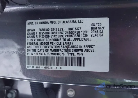 2021 Honda Pilot Awd Special Edition из США, поврежденный, VIN 5FNYF6H27MB018576